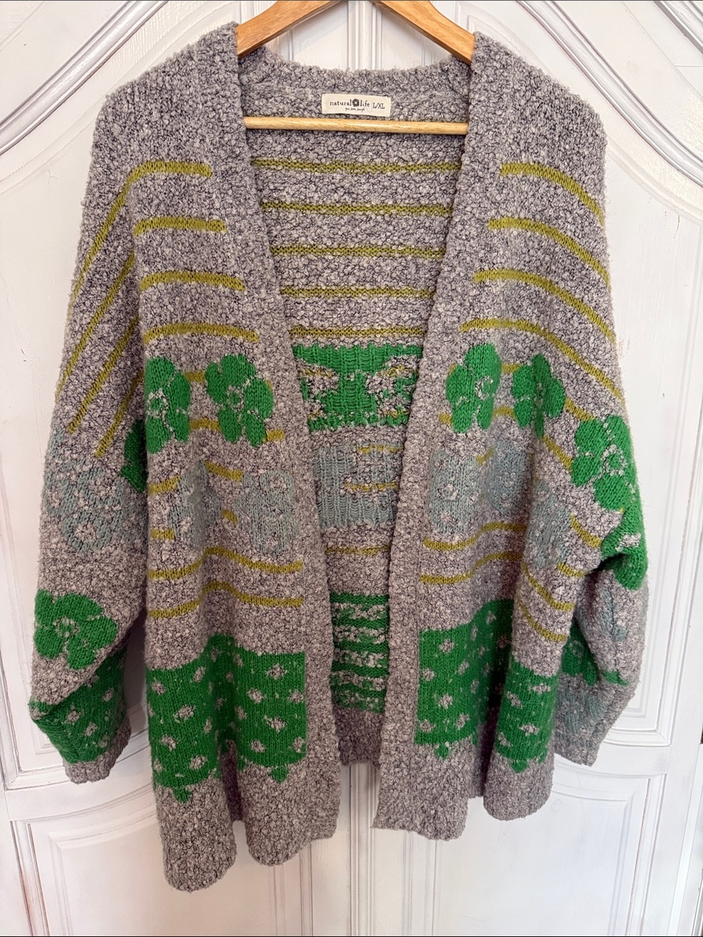 Natural Life Gray & Green Floral Striped Open-Front Cardigan Knit Cozy Boho L/XL